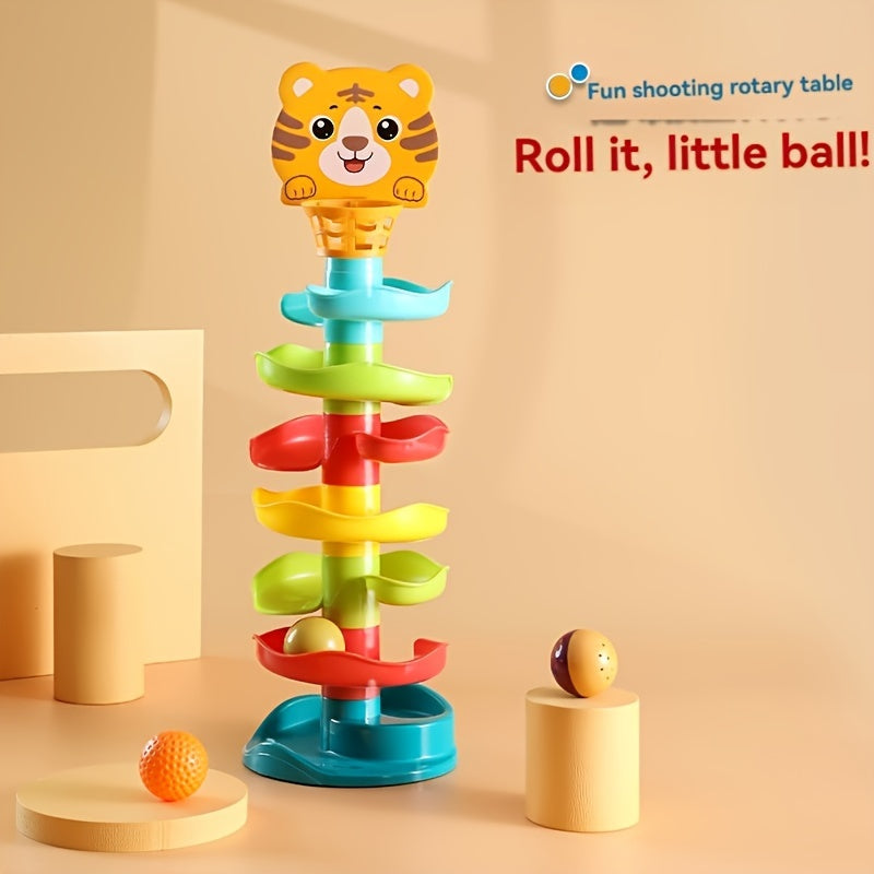 1pc Jouet de rampe de tir à plusieurs niveaux pour enfants, piste de basket-ball en PVC avec lanceur de balle rotatif, jeu de puzzle interactif pour tout-petits pour l'éducation précoce, ensemble de jeu empilable coloré