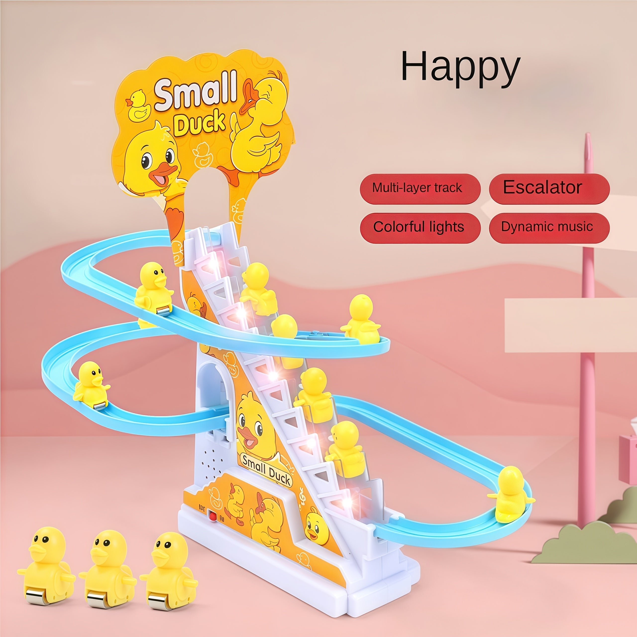 Jouets de 3 Canetons Grimpant les Escaliers, Jouets de Canetons Jaunes à Glissière Électrique, Jouets pour Garçons et Filles, Cadeaux de Fêtes, Jouets Lumineux et Musicaux, Cadeaux de Pâques, Halloween et Noël pour l'Hiver
