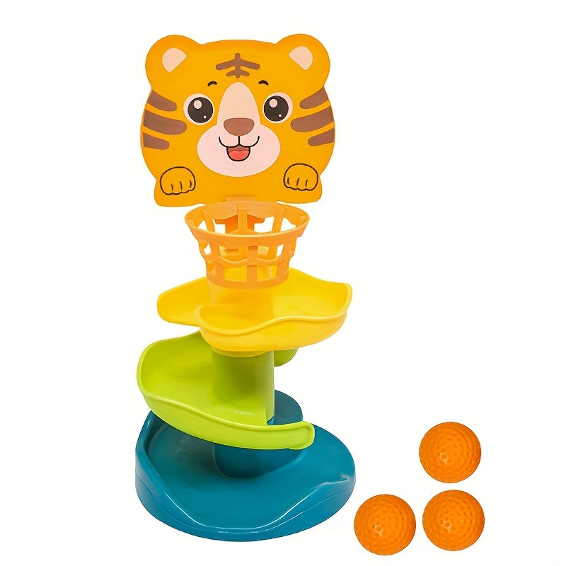 1pc Jouet de rampe de tir à plusieurs niveaux pour enfants, piste de basket-ball en PVC avec lanceur de balle rotatif, jeu de puzzle interactif pour tout-petits pour l'éducation précoce, ensemble de jeu empilable coloré