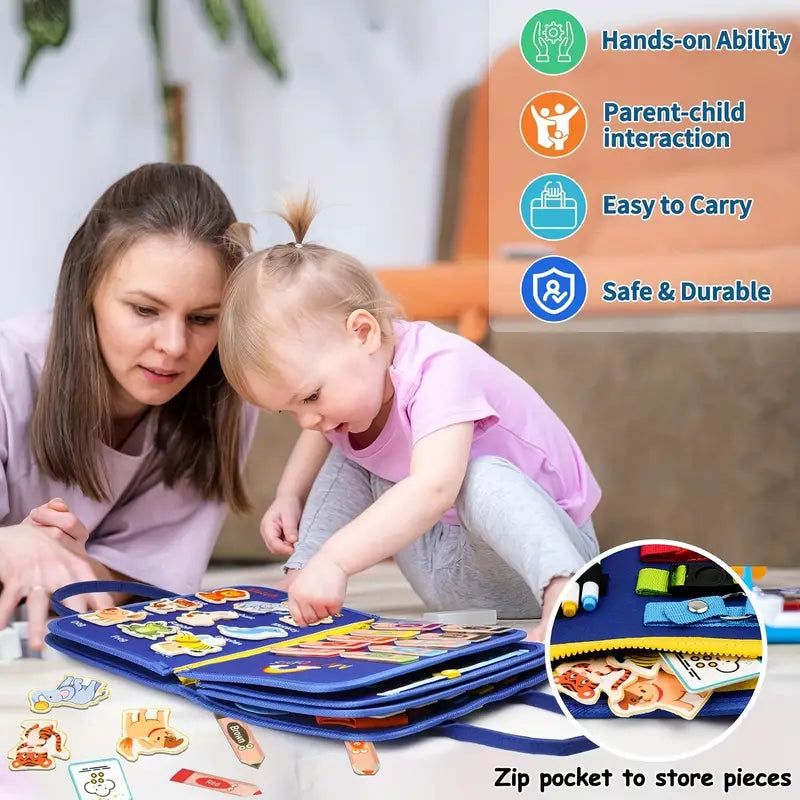 Livre d'activités interactif pour enfants - Tableau d'activités pour les tout-petits de 0 à 6 ans, jouet 12 en 1 pour le développement de la motricité fine et sensorielle, livre d'activités éducatives, ensemble de jeu interactif adapté aux voyages,