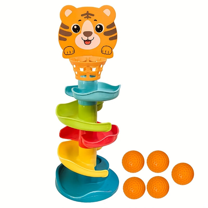 1pc Jouet de rampe de tir à plusieurs niveaux pour enfants, piste de basket-ball en PVC avec lanceur de balle rotatif, jeu de puzzle interactif pour tout-petits pour l'éducation précoce, ensemble de jeu empilable coloré