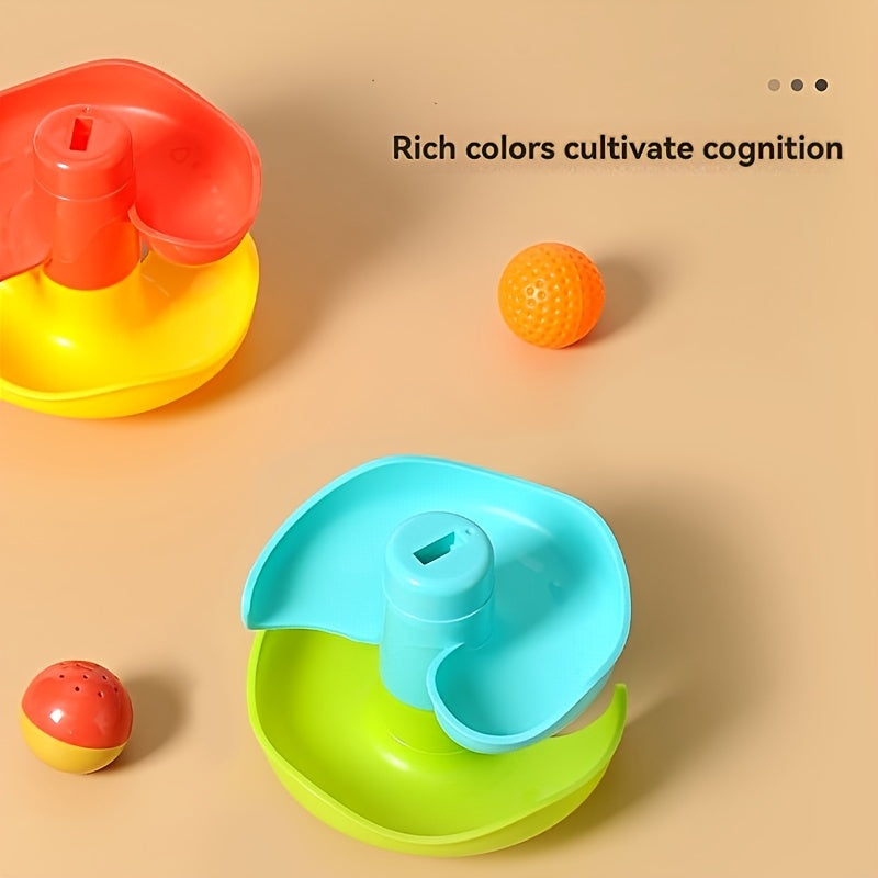 1pc Jouet de rampe de tir à plusieurs niveaux pour enfants, piste de basket-ball en PVC avec lanceur de balle rotatif, jeu de puzzle interactif pour tout-petits pour l'éducation précoce, ensemble de jeu empilable coloré