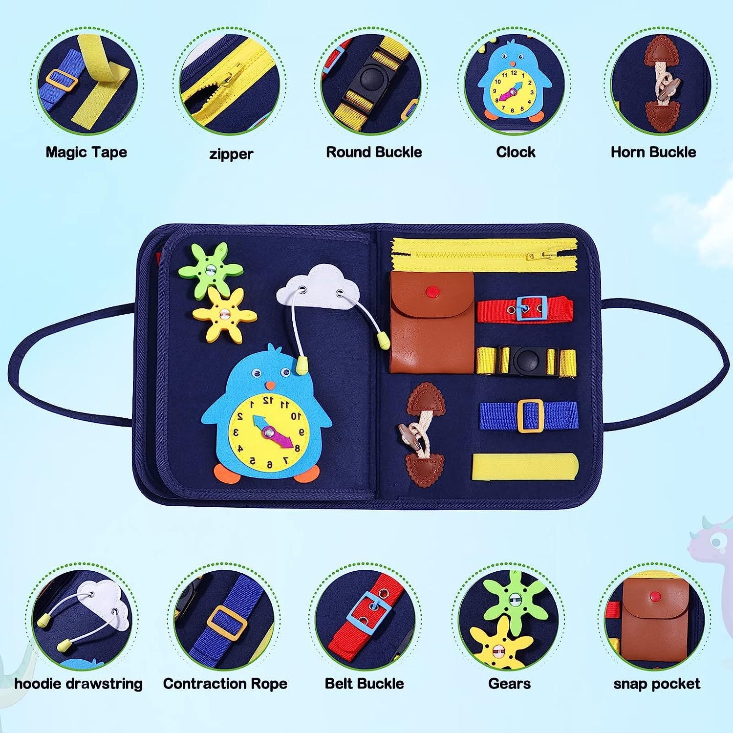 Livre d'activités interactif pour enfants - Tableau d'activités pour les tout-petits de 0 à 6 ans, jouet 12 en 1 pour le développement de la motricité fine et sensorielle, livre d'activités éducatives, ensemble de jeu interactif adapté aux voyages,