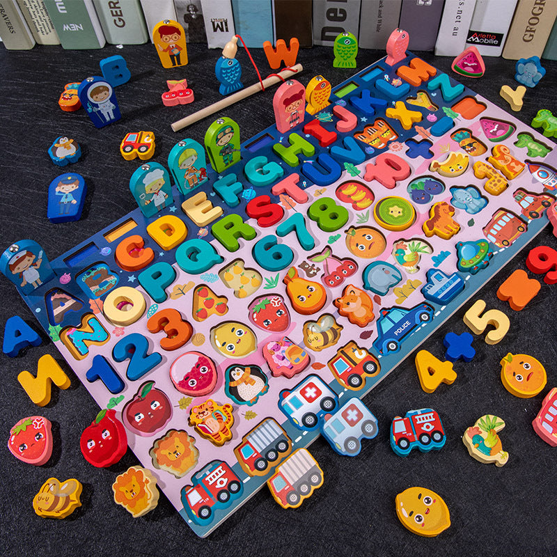 Planche de pêche en bois et puzzles géométriques, chiffres, lettres et véhicules pour enfants