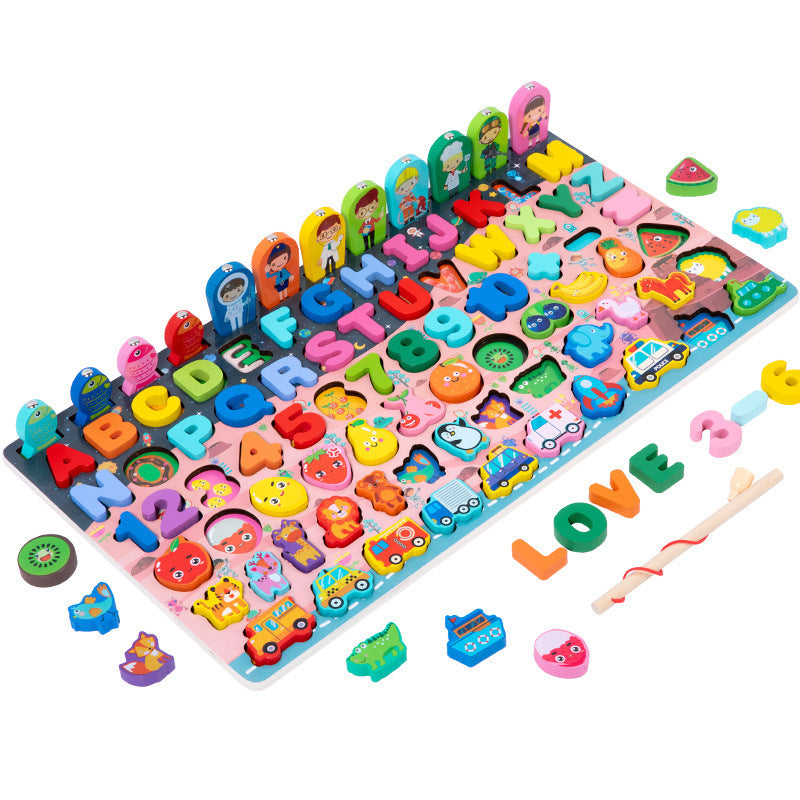 Planche de pêche en bois et puzzles géométriques, chiffres, lettres et véhicules pour enfants