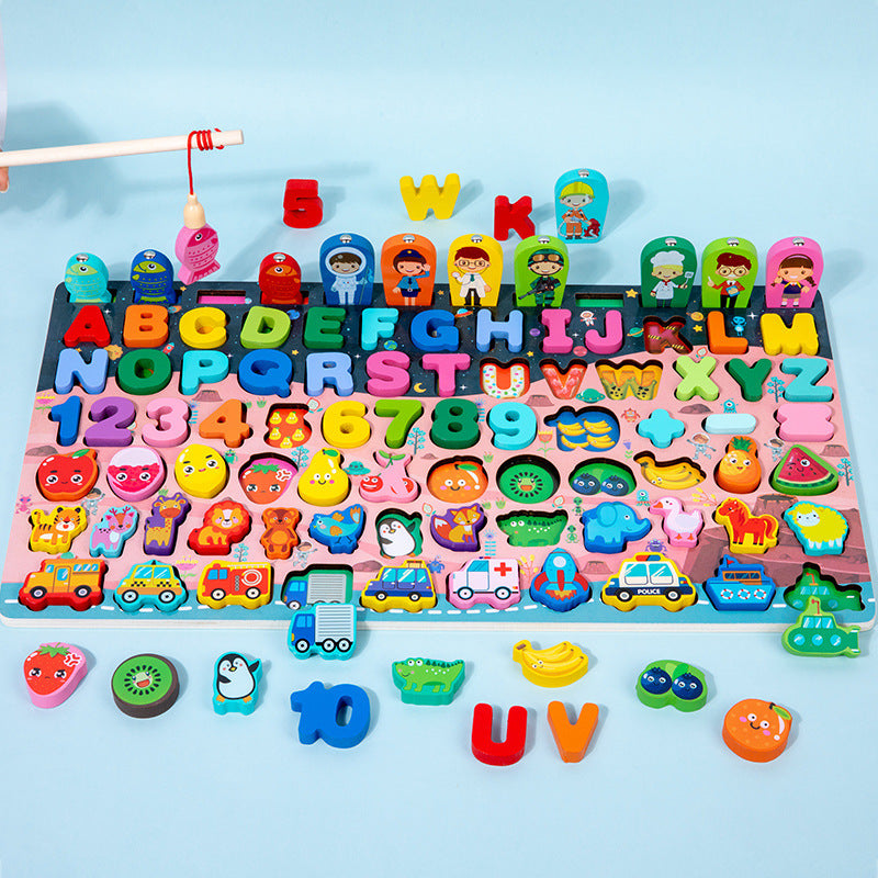 Planche de pêche en bois et puzzles géométriques, chiffres, lettres et véhicules pour enfants
