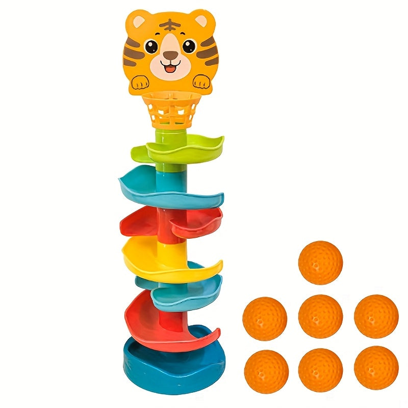 1pc Jouet de rampe de tir à plusieurs niveaux pour enfants, piste de basket-ball en PVC avec lanceur de balle rotatif, jeu de puzzle interactif pour tout-petits pour l'éducation précoce, ensemble de jeu empilable coloré