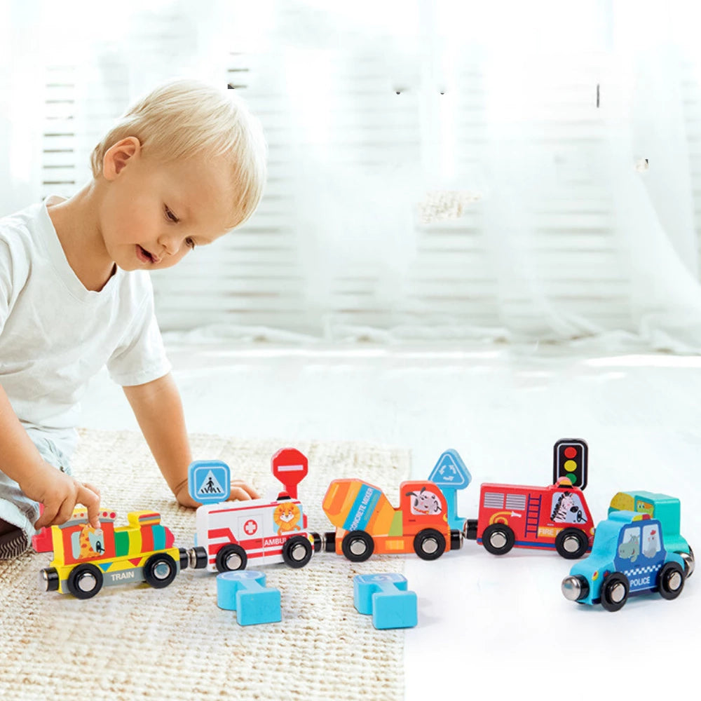 🚂 🚂 Train de Véhicules en Bois Magnétique - Ensemble de 12 Pièces (2+ Ans) | Jouet Éducatif et Sécurisé pour Enfants | Cadeau Idéal 🎁