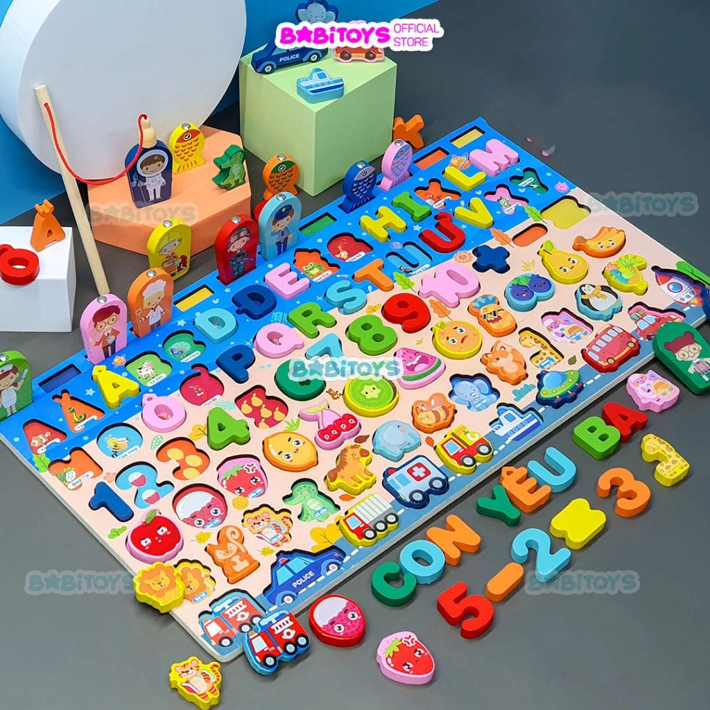 Planche de pêche en bois et puzzles géométriques, chiffres, lettres et véhicules pour enfants